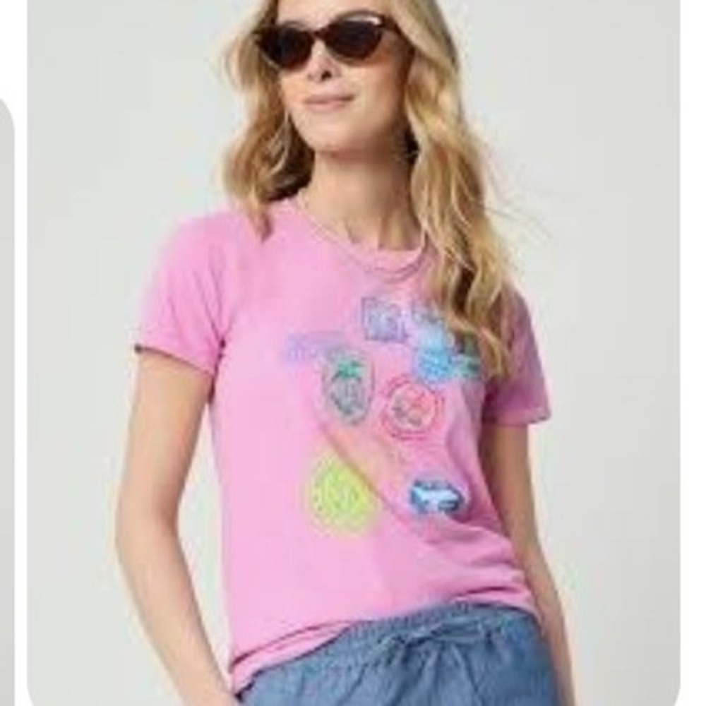 J.Crew Women Pink Florida Travel Stamp Graphic Collector Tee Shirt Small NWT $50